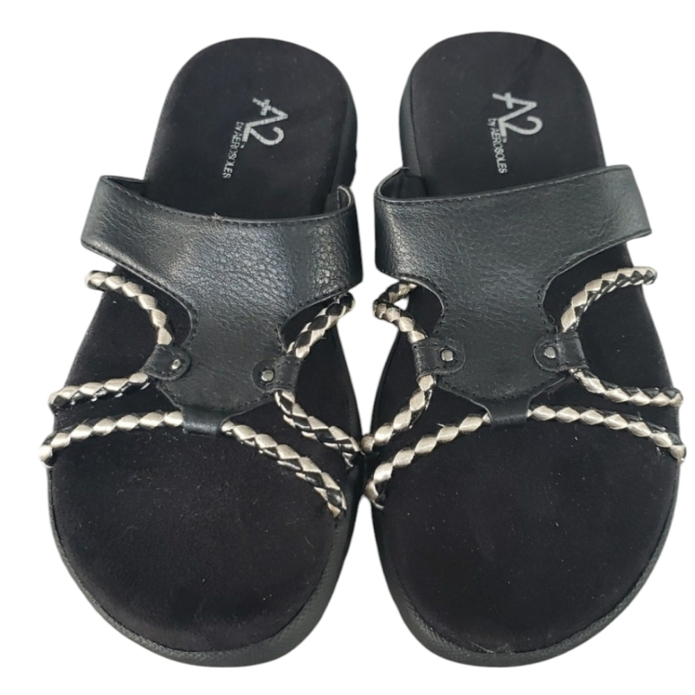 Aerosoles A2 Wipcurl Black Vegan Leather and Suede Sandal